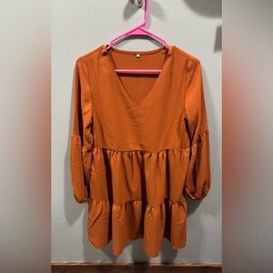 Rust Orange V-Neck Tiered Dress
